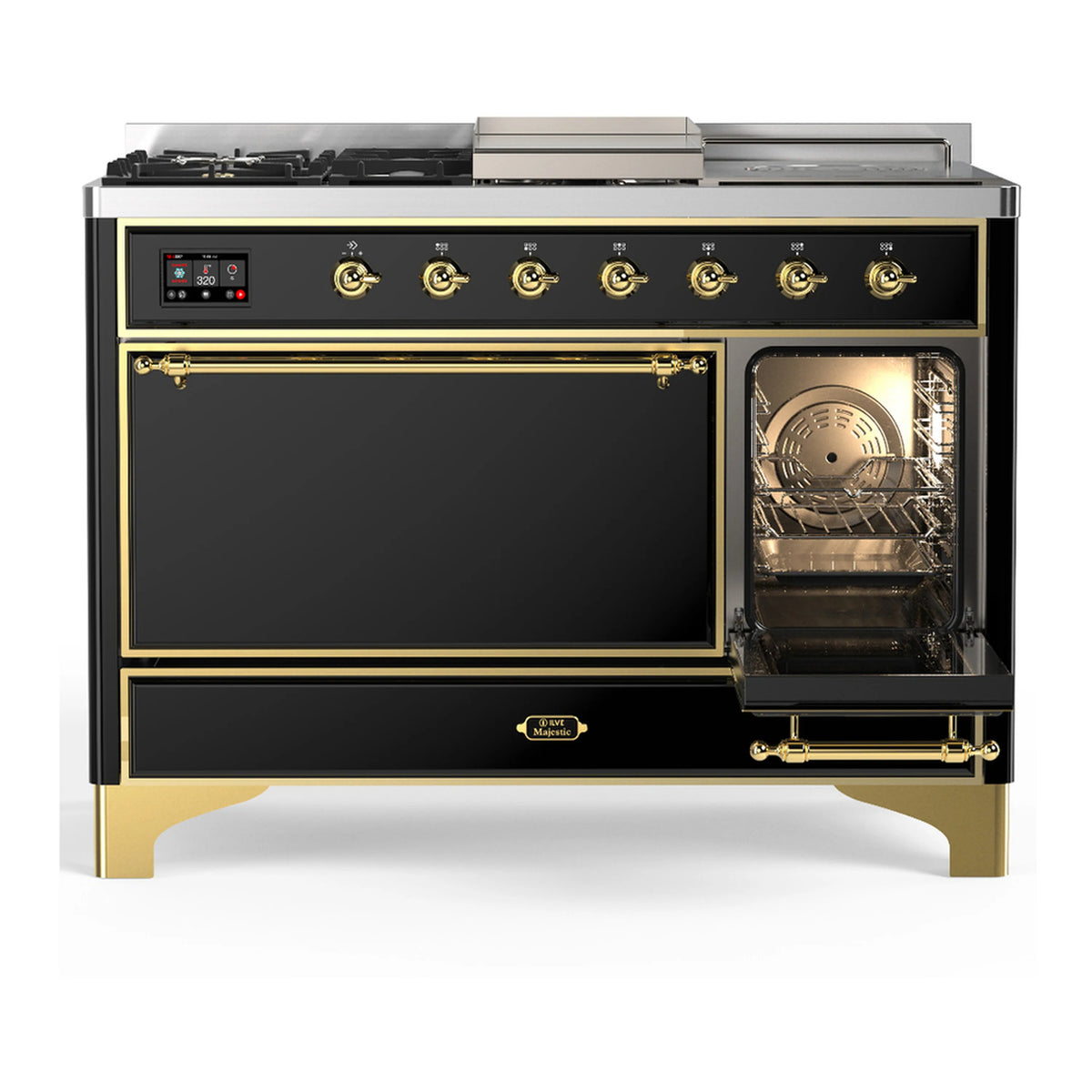 Glossy black dual fuel range with left oven door open and right oven interior visible