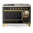 ILVE Majestic III 48-inch Dual Fuel Range with 5 Natural Gas Burner, Griddle, French Top and Solid Door Electric Oven in Glossy Black with Brass Trim (UM48FSQNR3BKG)