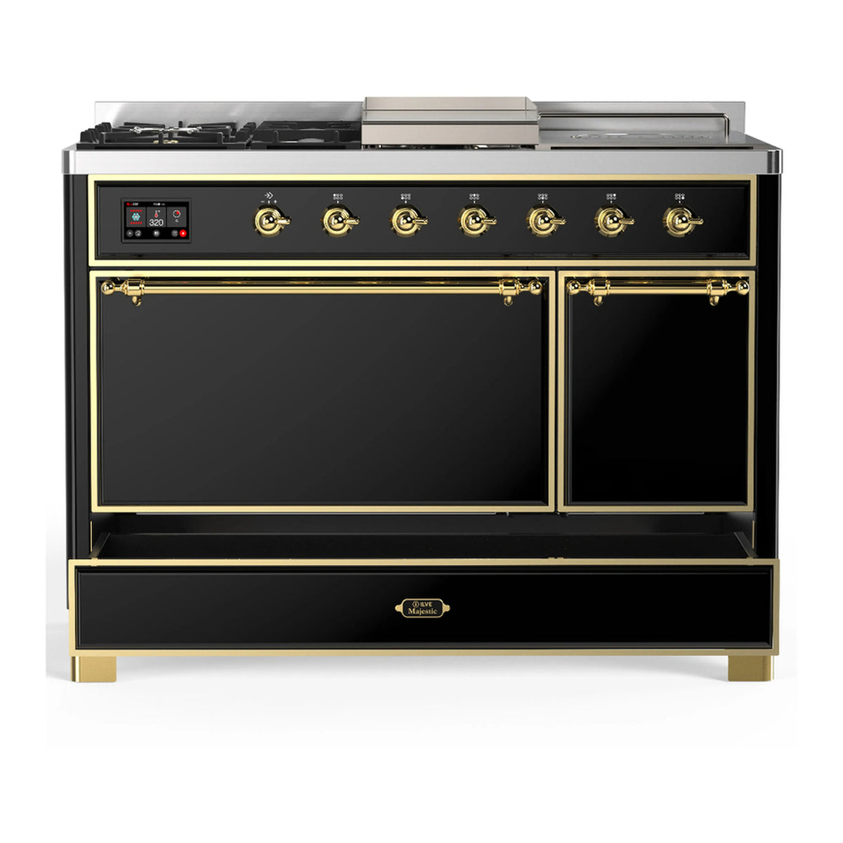Glossy black dual fuel range with double oven doors closed and brass trim accents
