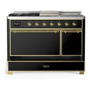 ILVE Majestic III 48-inch Dual Fuel Range with 5 Natural Gas Burner, Griddle, French Top and Solid Door Electric Oven in Glossy Black with Brass Trim (UM48FSQNR3BKG)