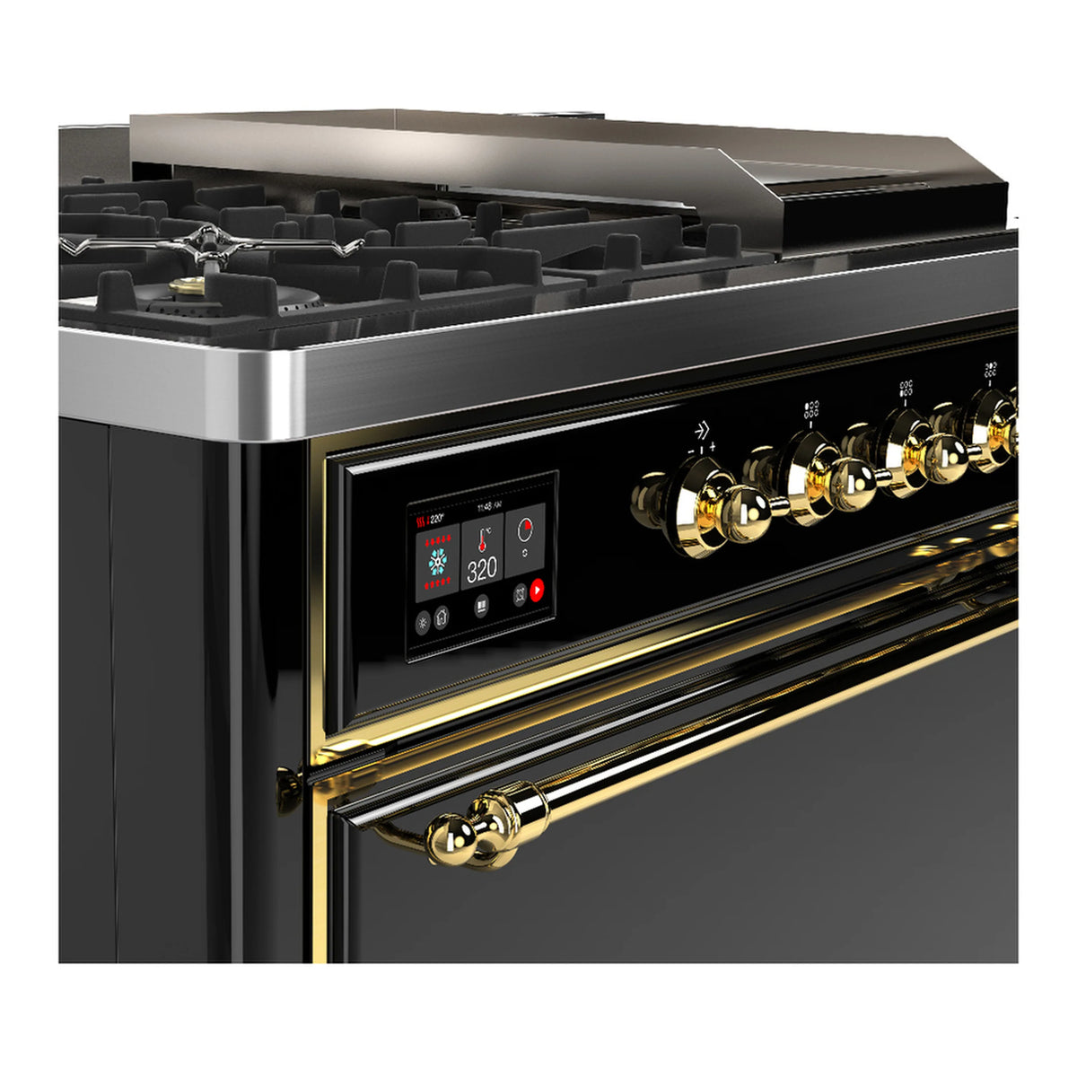 Close-up of glossy black dual fuel range front with brass control knobs and temperature display