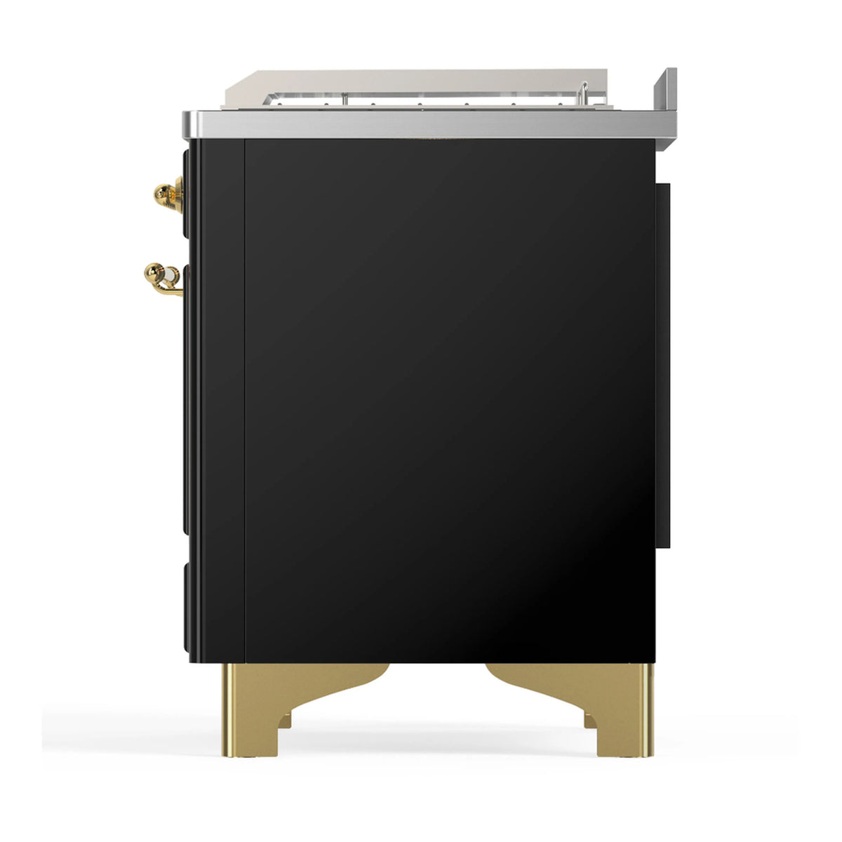 Back view of glossy black dual fuel range with brass trim and oven door panel
