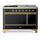 ILVE Majestic III 48-inch Dual Fuel Range with 5 Natural Gas Burner, Griddle, French Top and Solid Door Electric Oven in Glossy Black with Brass Trim (UM48FSQNR3BKG)