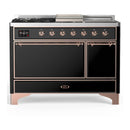 ILVE Majestic III 48-inch Dual Fuel Range with 5 Liquid Propane Burner, Griddle, French Top and Solid Door Electric Oven in Glossy Black with Copper Trim (UM48FSQNR3BKPLP)