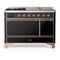 ILVE Majestic III 48-inch Dual Fuel Range with 5 Natural Gas Burner, Griddle, French Top and Solid Door Electric Oven in Glossy Black with Copper Trim (UM48FSQNR3BKP)