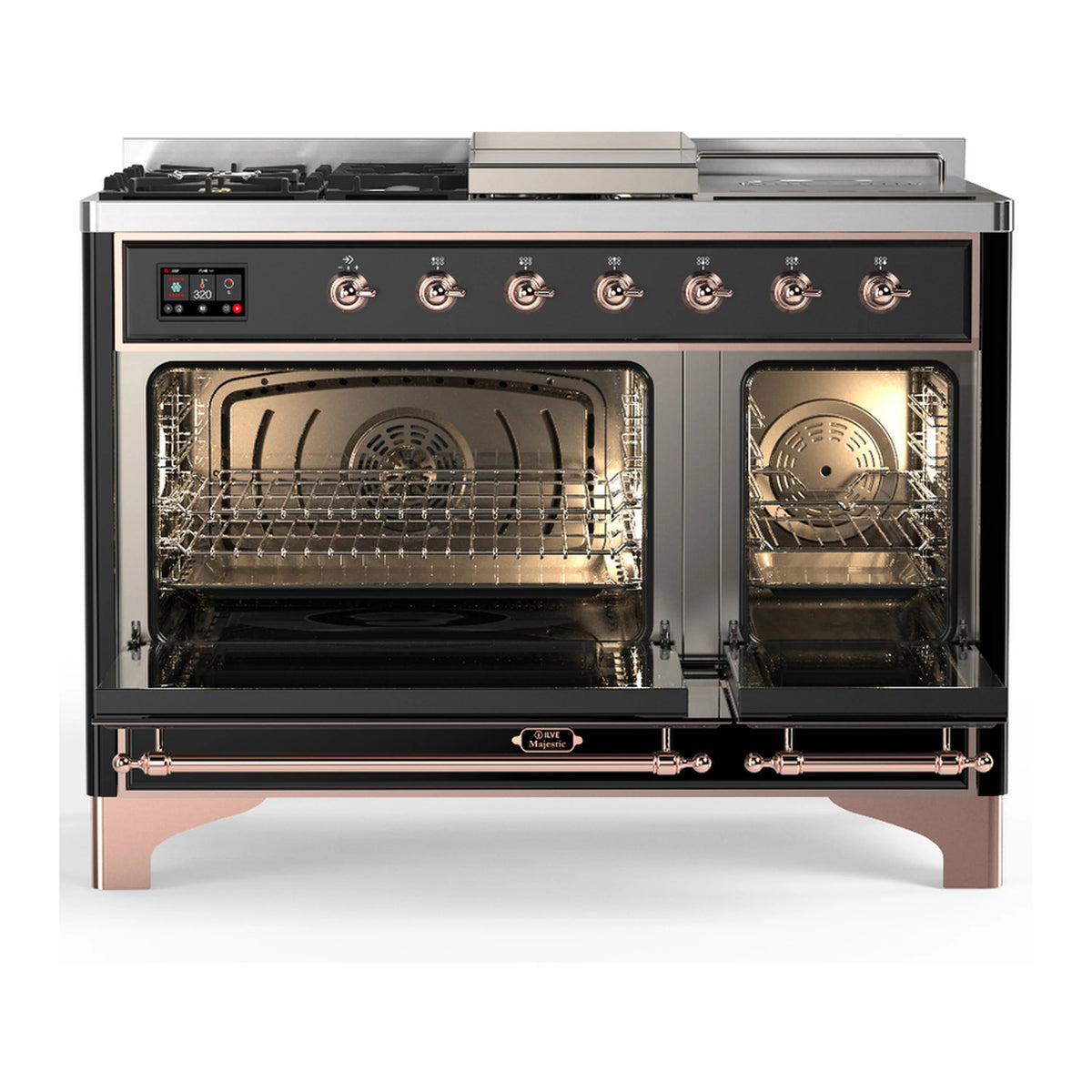 Dual fuel range with both oven doors open, copper-trim frames, interior racks visible