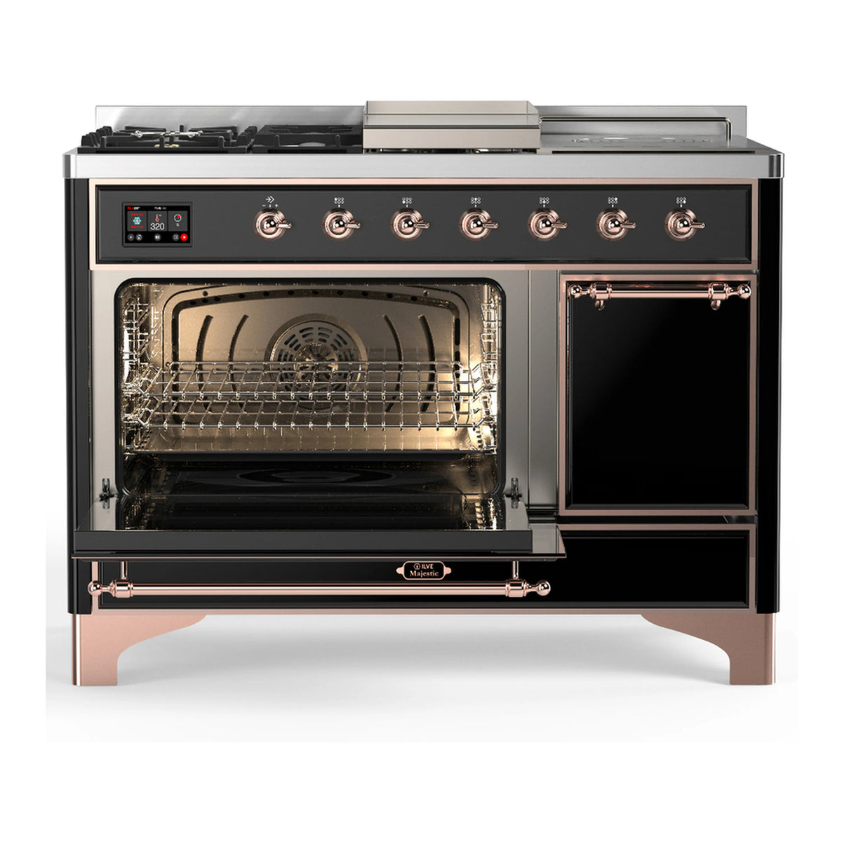 Dual fuel range with left oven door open, interior oven cavity and racks visible