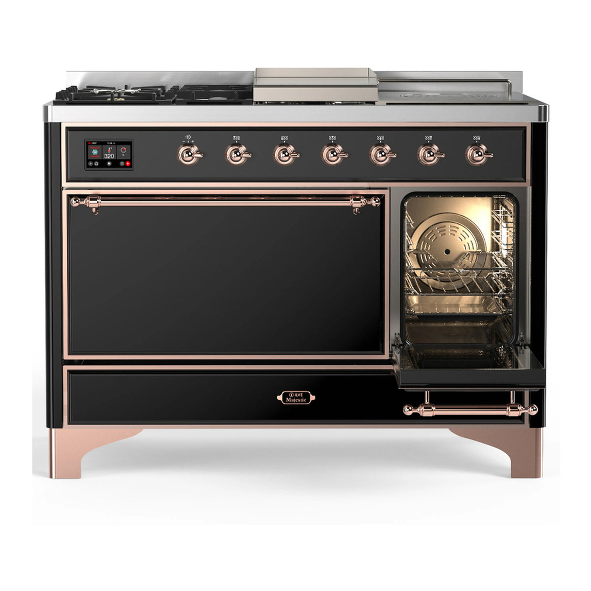 Dual fuel range with right oven door open, oven interior and racks visible