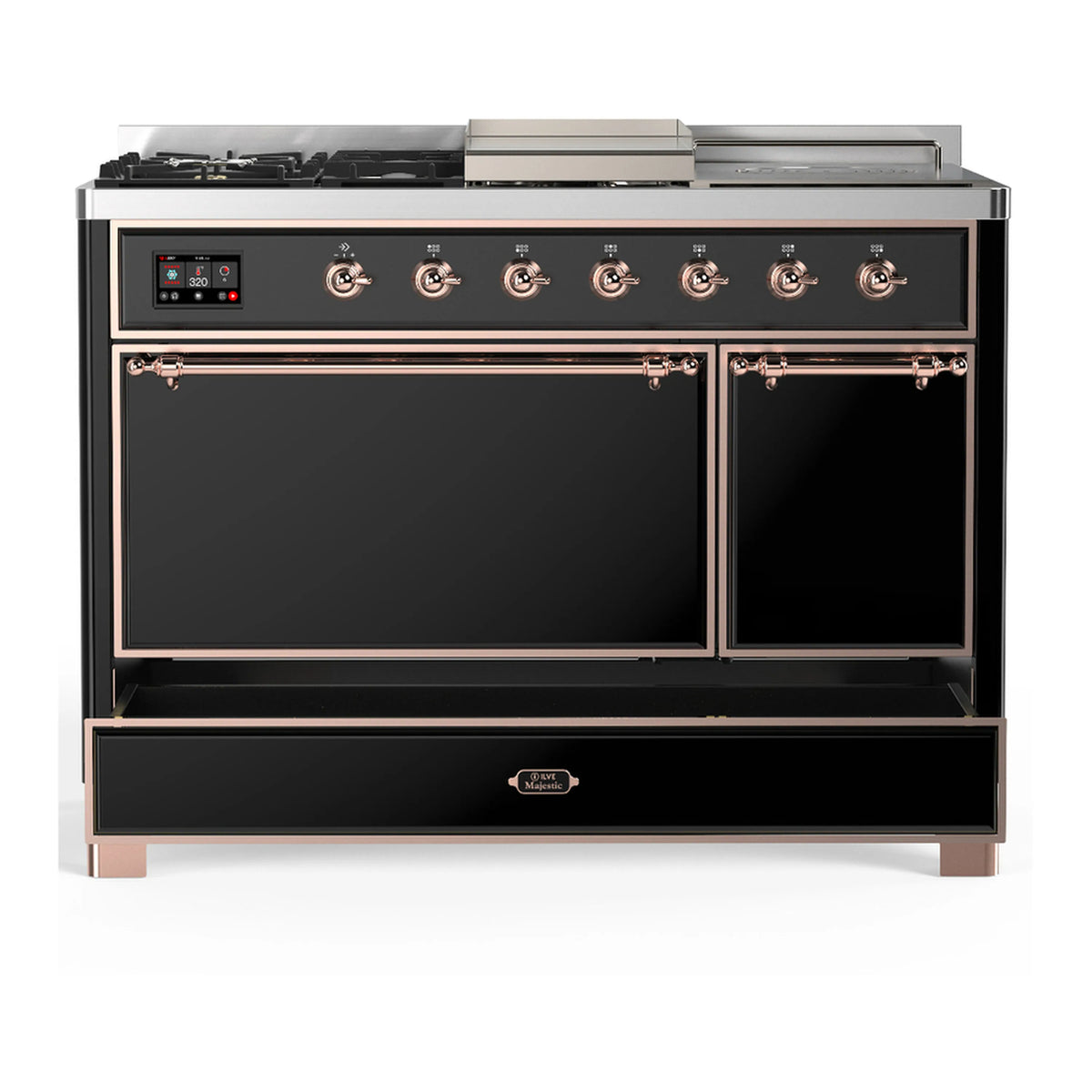 Dual fuel range with lower drawer and double oven doors, glossy black and copper trim