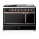 ILVE Majestic III 48-inch Dual Fuel Range with 5 Liquid Propane Burner, Griddle, French Top and Solid Door Electric Oven in Glossy Black with Copper Trim (UM48FSQNR3BKPLP)
