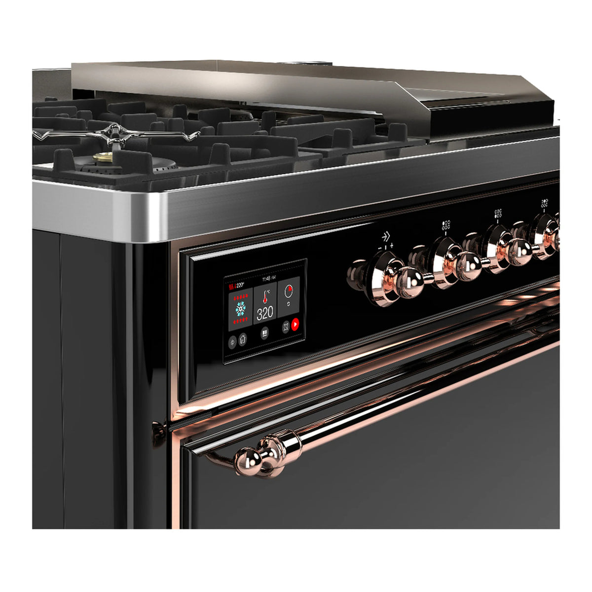 Dual fuel range cooktop and control panel close-up with copper-trimmed knobs and display