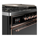 ILVE Majestic III 48-inch Dual Fuel Range with 5 Liquid Propane Burner, Griddle, French Top and Solid Door Electric Oven in Glossy Black with Copper Trim (UM48FSQNR3BKPLP)