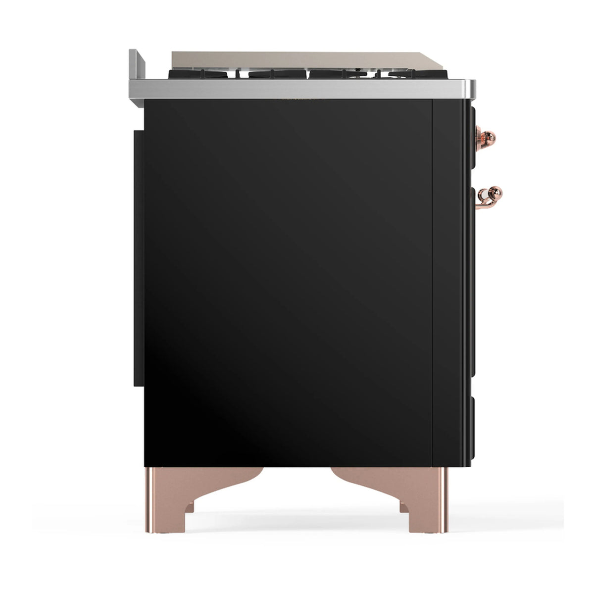 Dual fuel range side view with glossy black doors and copper-trim support feet