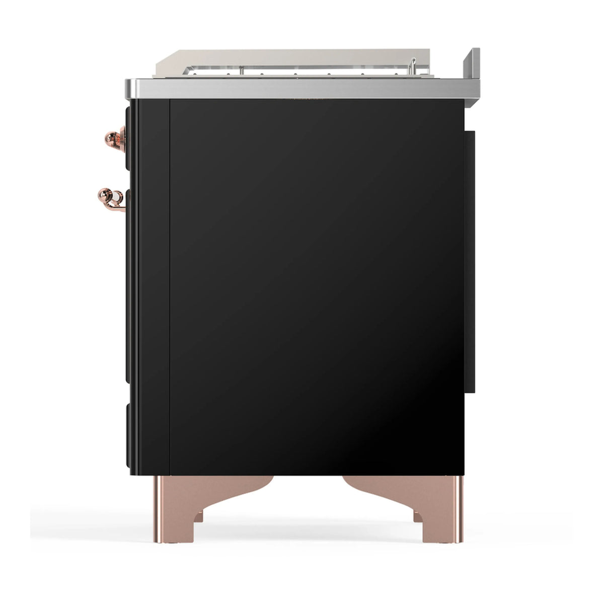 Dual fuel range side view with glossy black body and copper-trim hinges