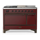 ILVE Majestic III 48-inch Dual Fuel Range with 5 Natural Gas Burner, Griddle, French Top and Solid Door Electric Oven in Burgundy with Burnished Trim (UM48FSQNR3BUB)