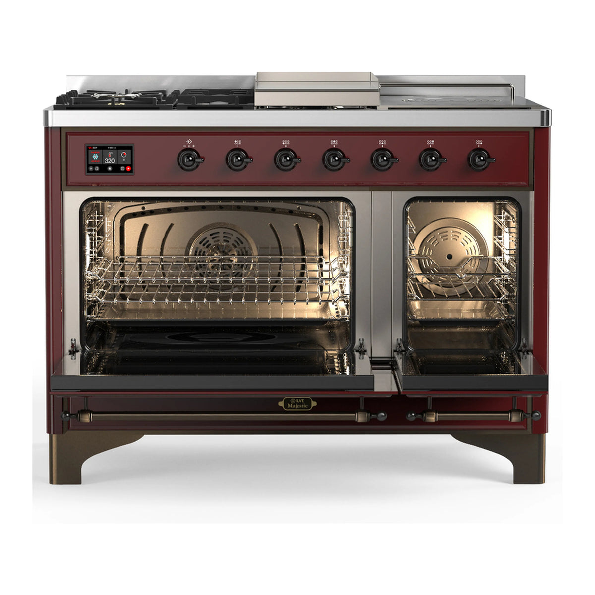 Burgundy dual fuel range with oven doors open and interior racks, stainless frame