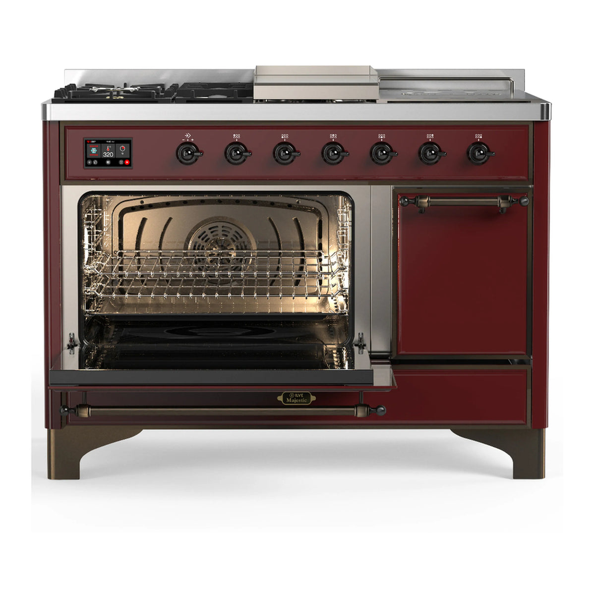Burgundy dual fuel range with oven door open, wire racks and dark baking interior visible