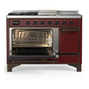 ILVE Majestic III 48-inch Dual Fuel Range with 5 Liquid Propane Burner, Griddle, French Top and Solid Door Electric Oven in Burgundy with Burnished Trim (UM48FSQNR3BUBLP)