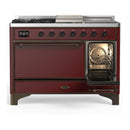 ILVE Majestic III 48-inch Dual Fuel Range with 5 Natural Gas Burner, Griddle, French Top and Solid Door Electric Oven in Burgundy with Burnished Trim (UM48FSQNR3BUB)