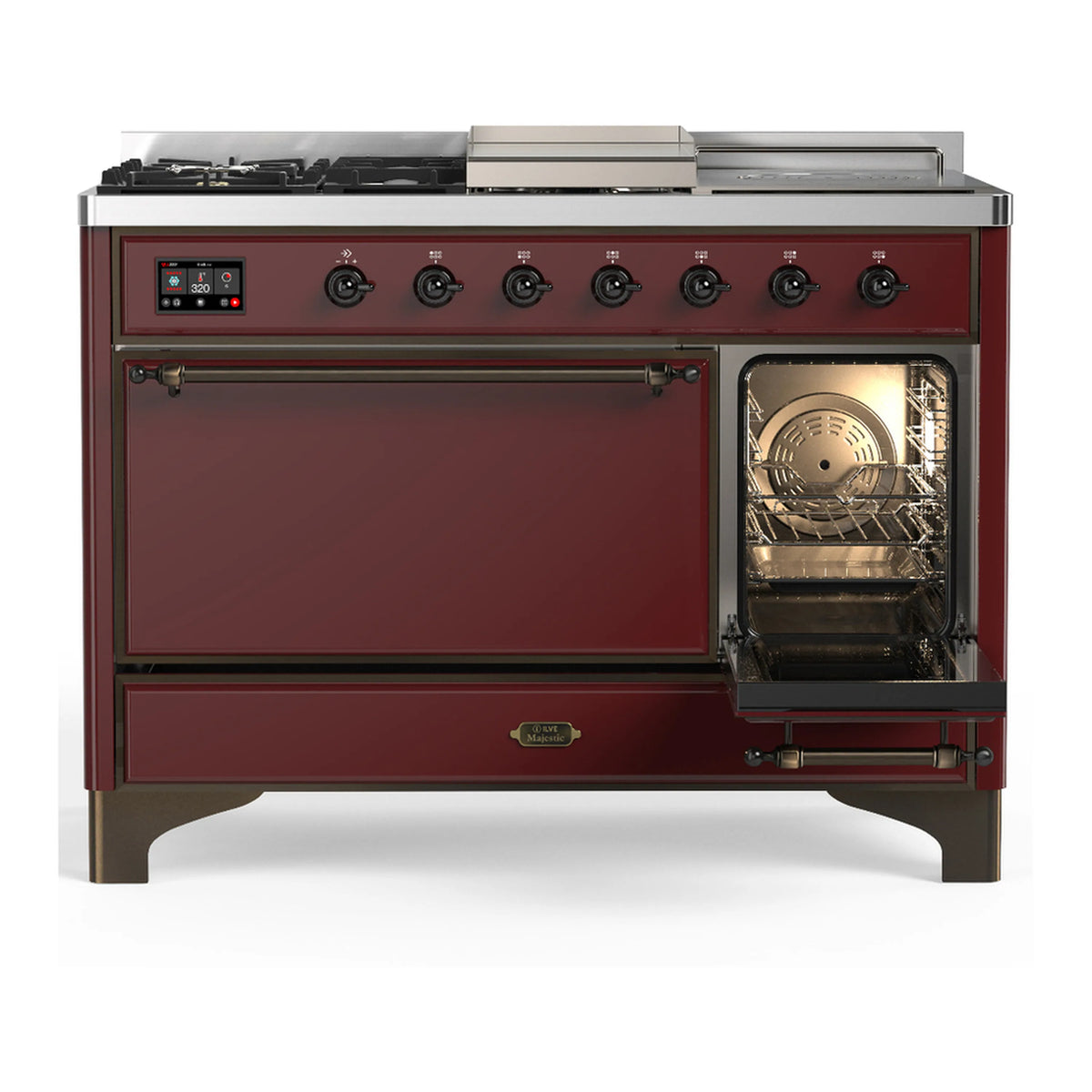 Burgundy dual fuel range with oven door open showing lit oven cavity
