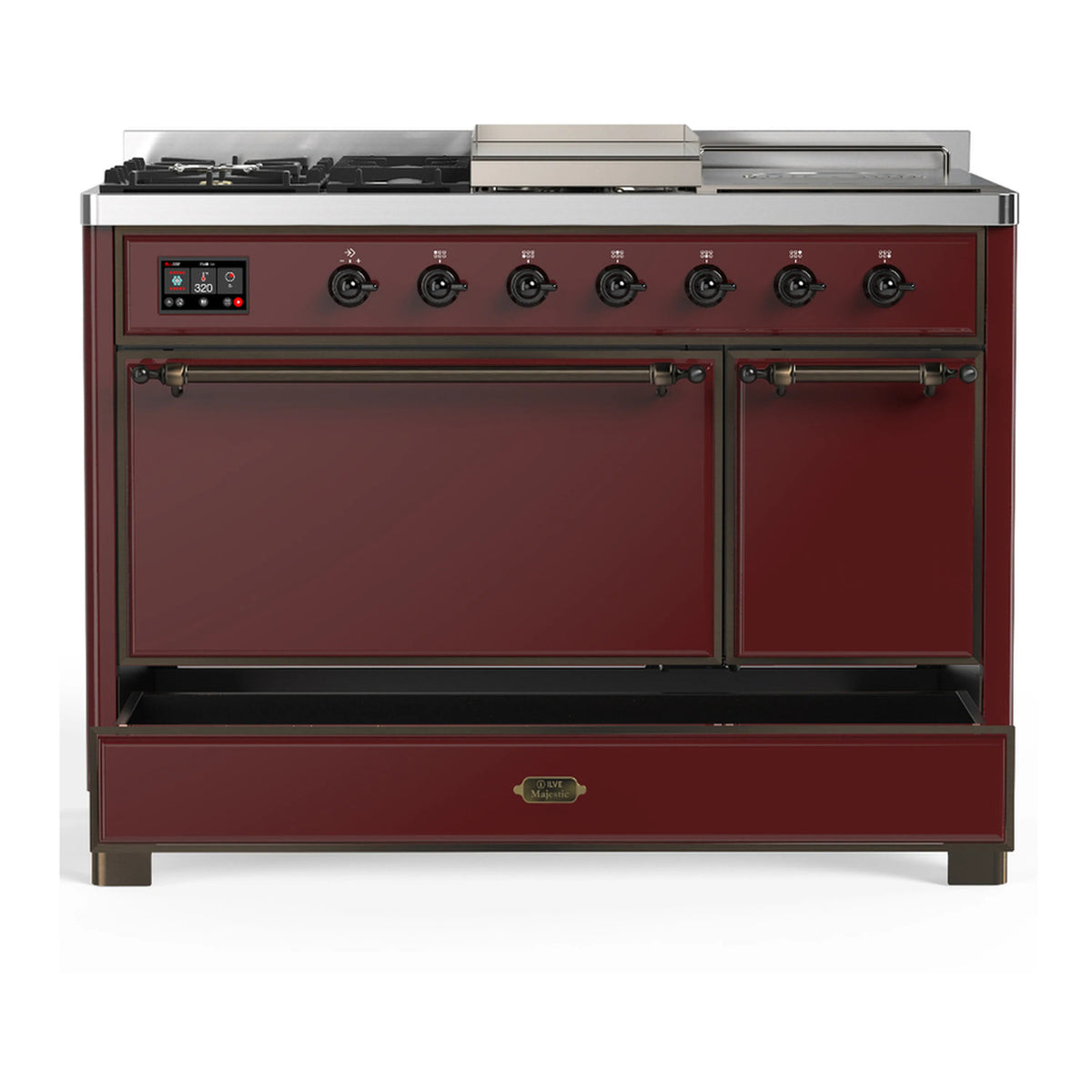 Burgundy dual fuel range with closed oven and warming drawer, stainless trim