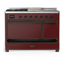 ILVE Majestic III 48-inch Dual Fuel Range with 5 Liquid Propane Burner, Griddle, French Top and Solid Door Electric Oven in Burgundy with Burnished Trim (UM48FSQNR3BUBLP)