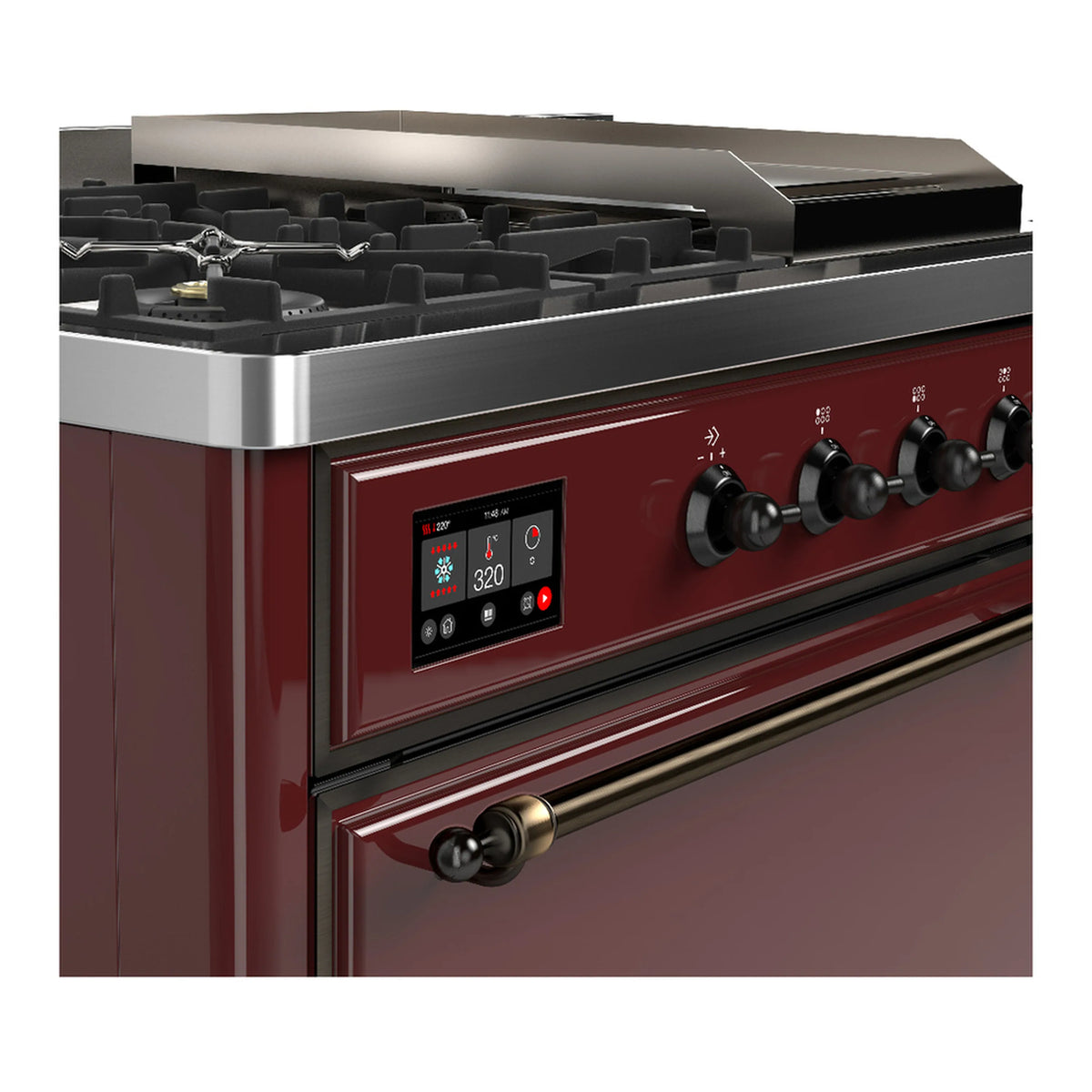 Burgundy dual fuel range control panel with digital display and black knobs