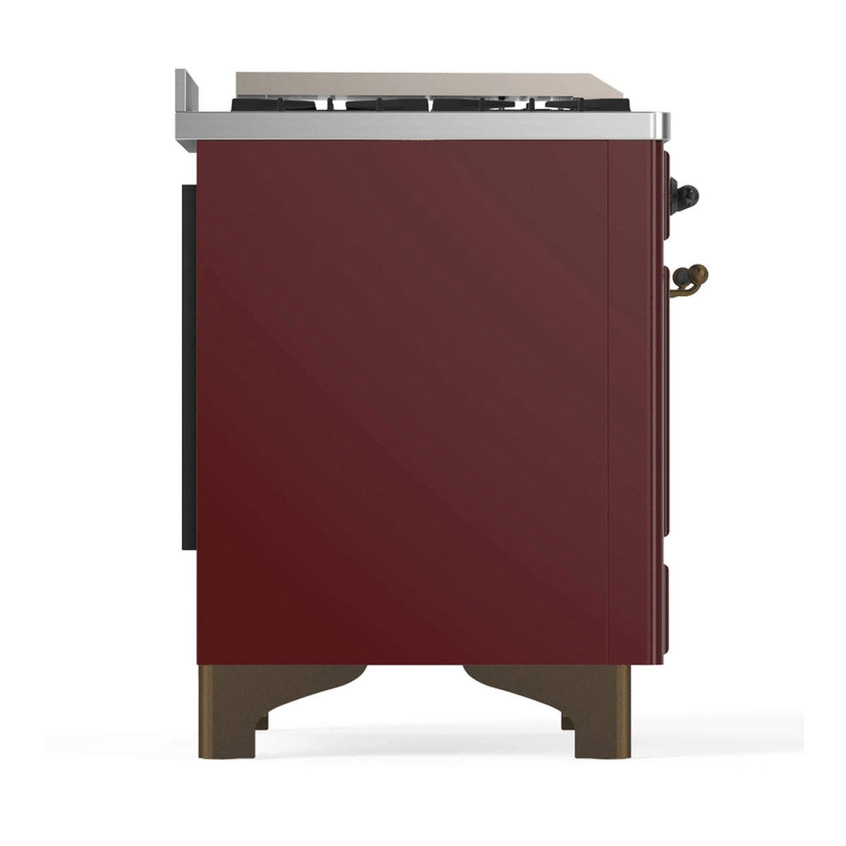 Burgundy solid side door section of dual fuel range with stainless edges