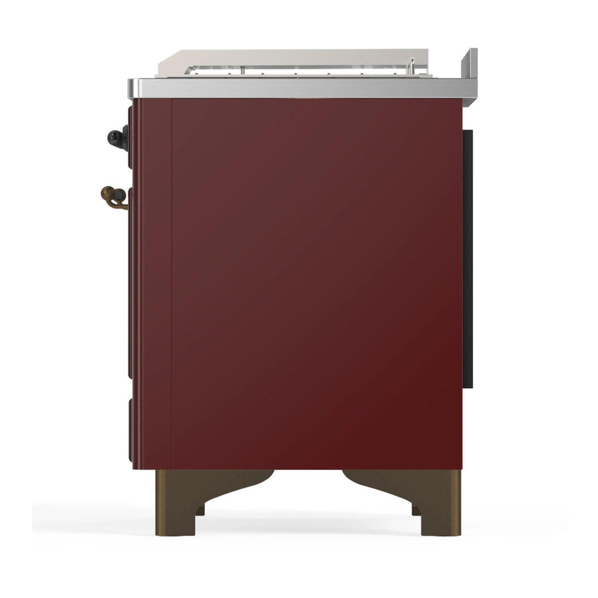 Burgundy solid side door of dual fuel range with stainless trim and handles
