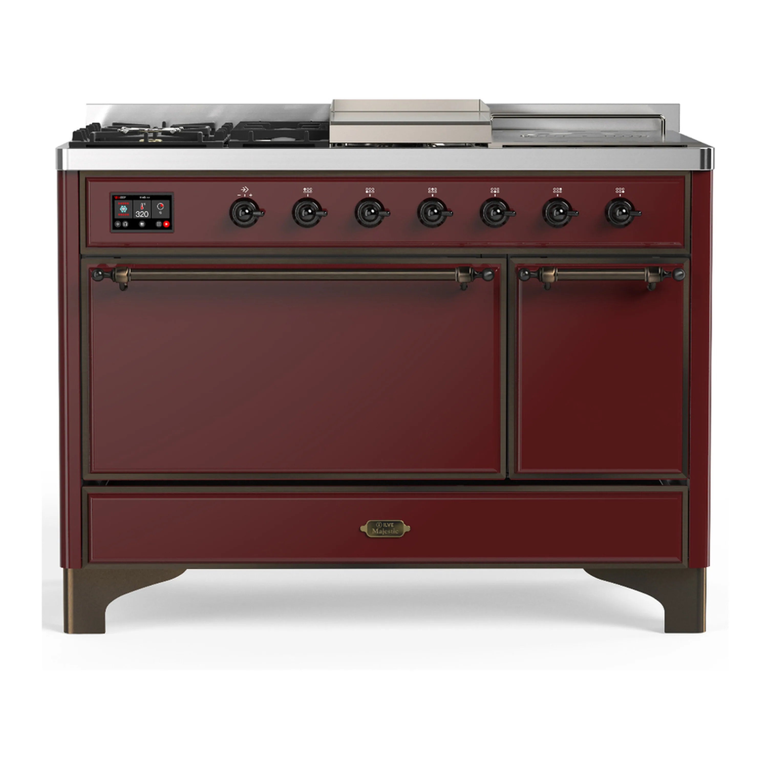 Burgundy dual fuel range with black control knobs, storage doors, and stainless trim