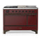 ILVE Majestic III 48-inch Dual Fuel Range with 5 Liquid Propane Burner, Griddle, French Top and Solid Door Electric Oven in Burgundy with Burnished Trim (UM48FSQNR3BUBLP)