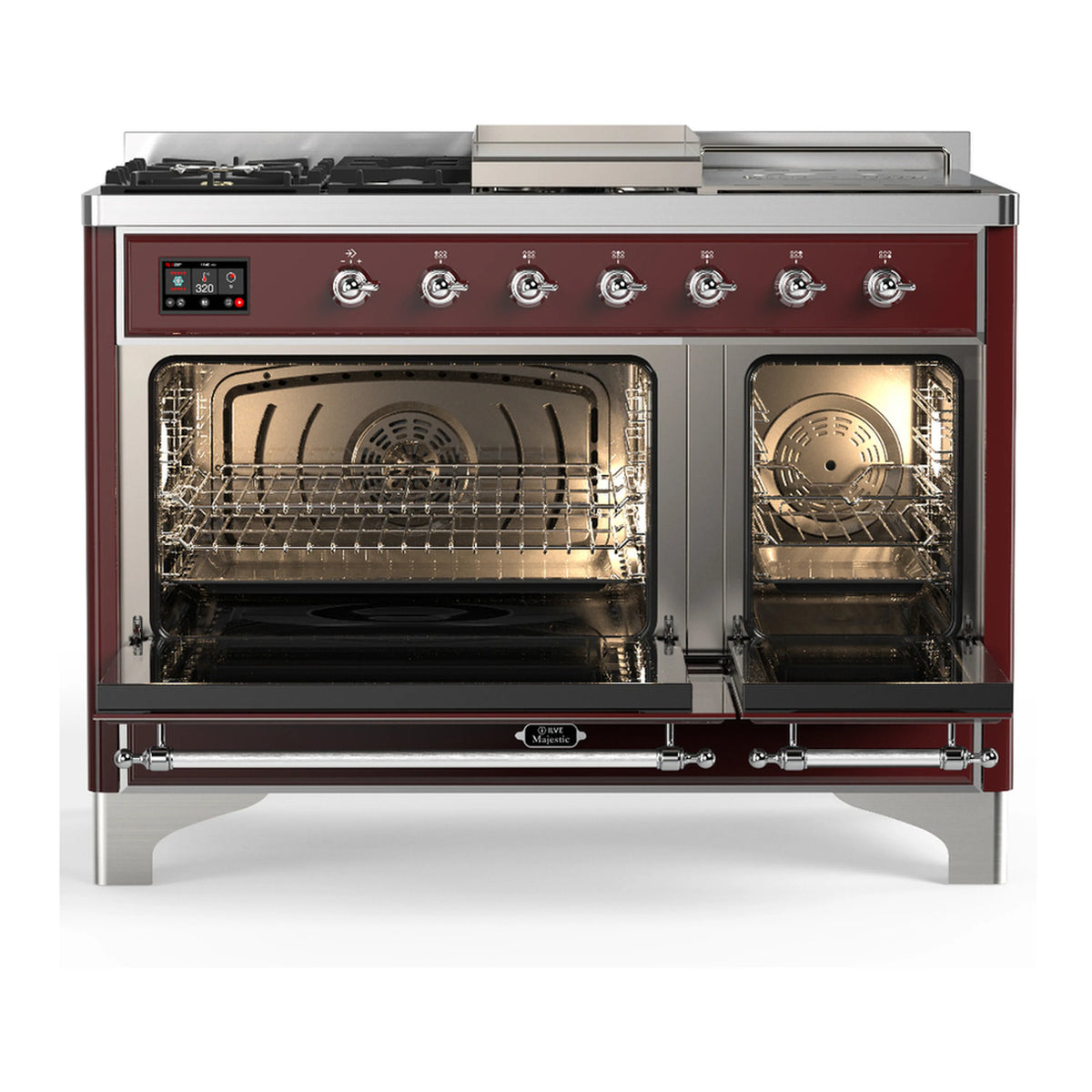 Burgundy dual fuel range with open ovens and front control knobs, French-top style