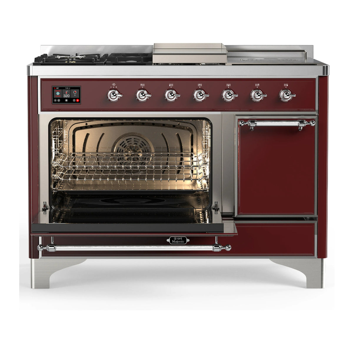 Burgundy dual fuel range with open oven cavity and right drawer door, front view