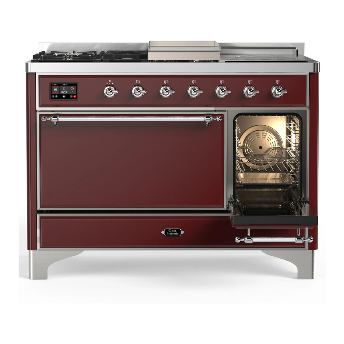 Burgundy dual fuel range with one oven open and lit interior, plus control panel