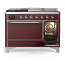 ILVE Majestic III 48-inch Dual Fuel Range with 5 Liquid Propane Burner, Griddle, French Top and Solid Door Electric Oven in Burgundy with Chrome Trim (UM48FSQNR3BUCLP)