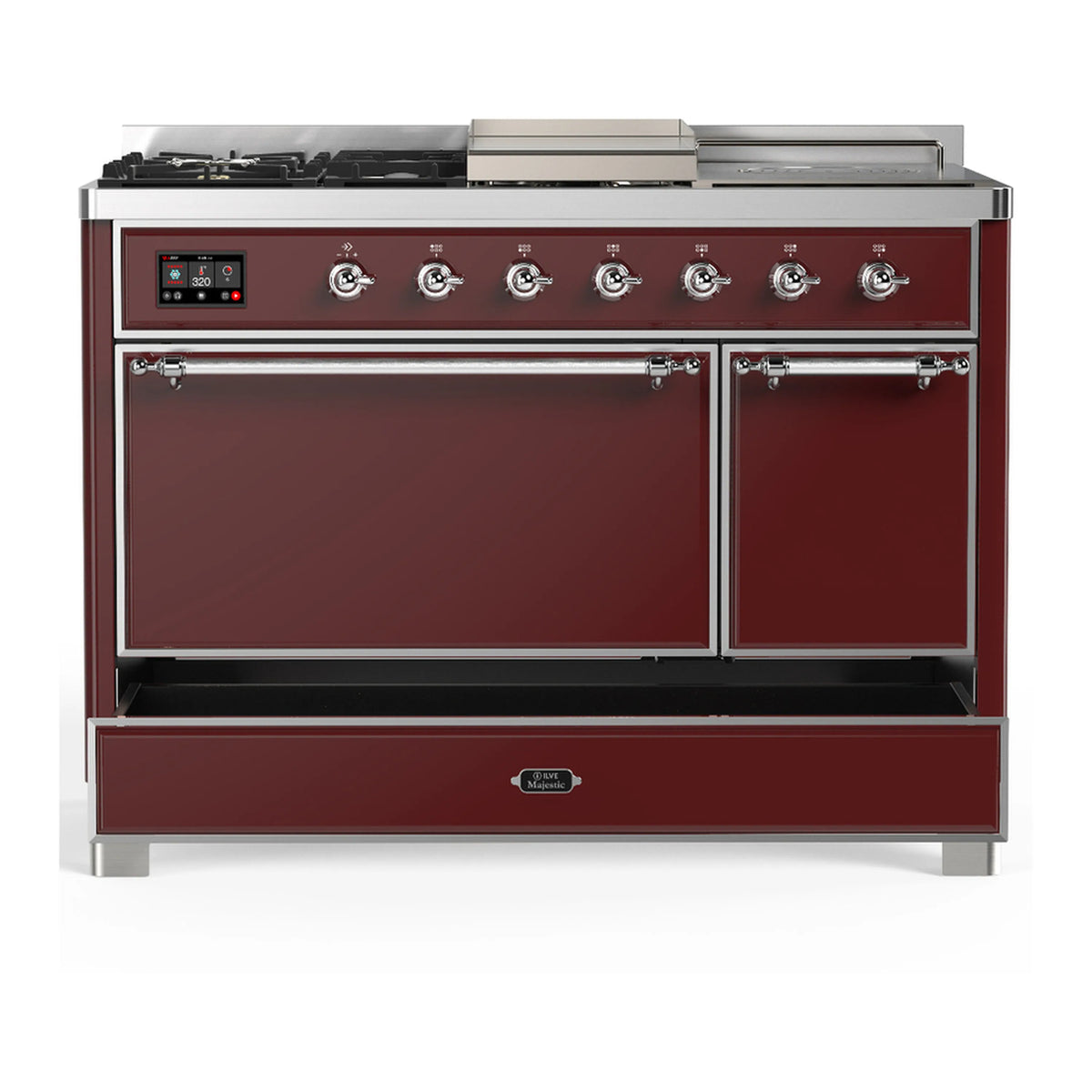 Burgundy dual fuel range with two front doors and storage drawer, control panel across top