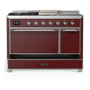 ILVE Majestic III 48-inch Dual Fuel Range with 5 Liquid Propane Burner, Griddle, French Top and Solid Door Electric Oven in Burgundy with Chrome Trim (UM48FSQNR3BUCLP)