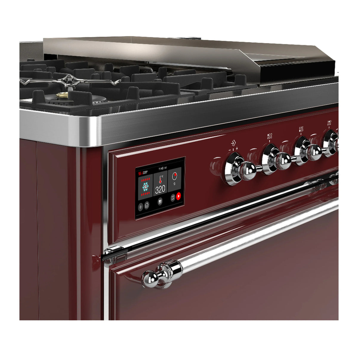 Burgundy dual fuel range control panel with digital display and chrome knobs