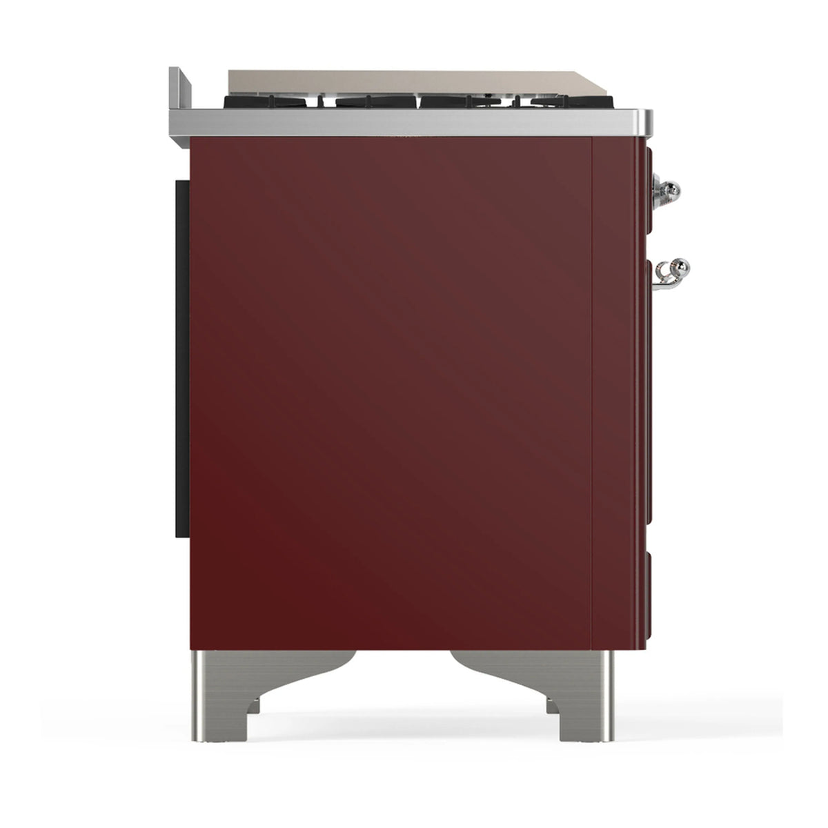 Burgundy dual fuel range side panel with chrome legs and vented side access