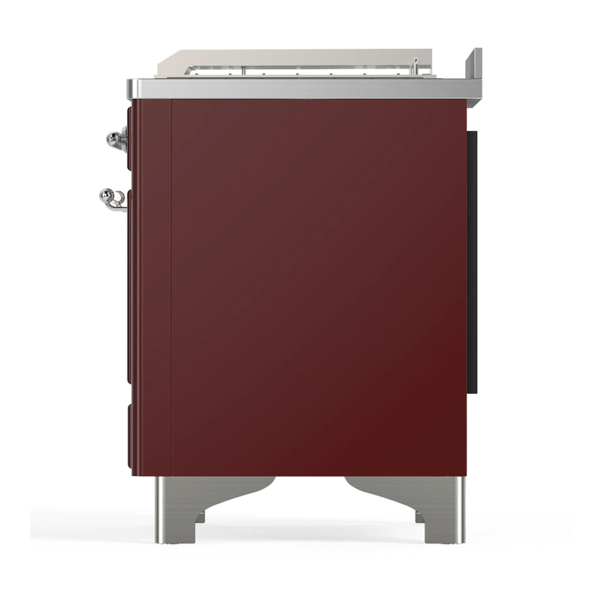 Burgundy dual fuel range rear side view with chrome trim and legs