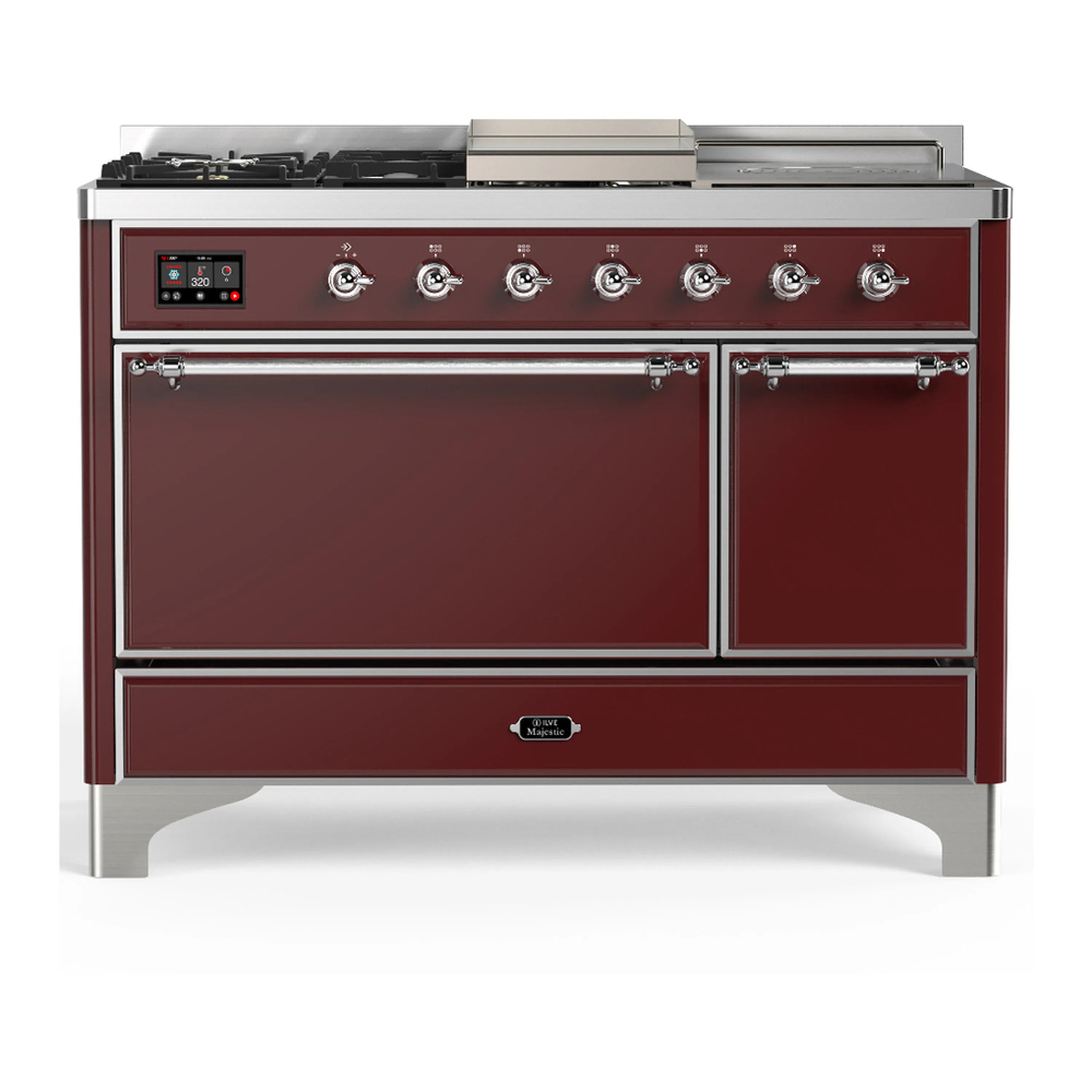Burgundy dual fuel range with chrome trim and two solid doors, front view