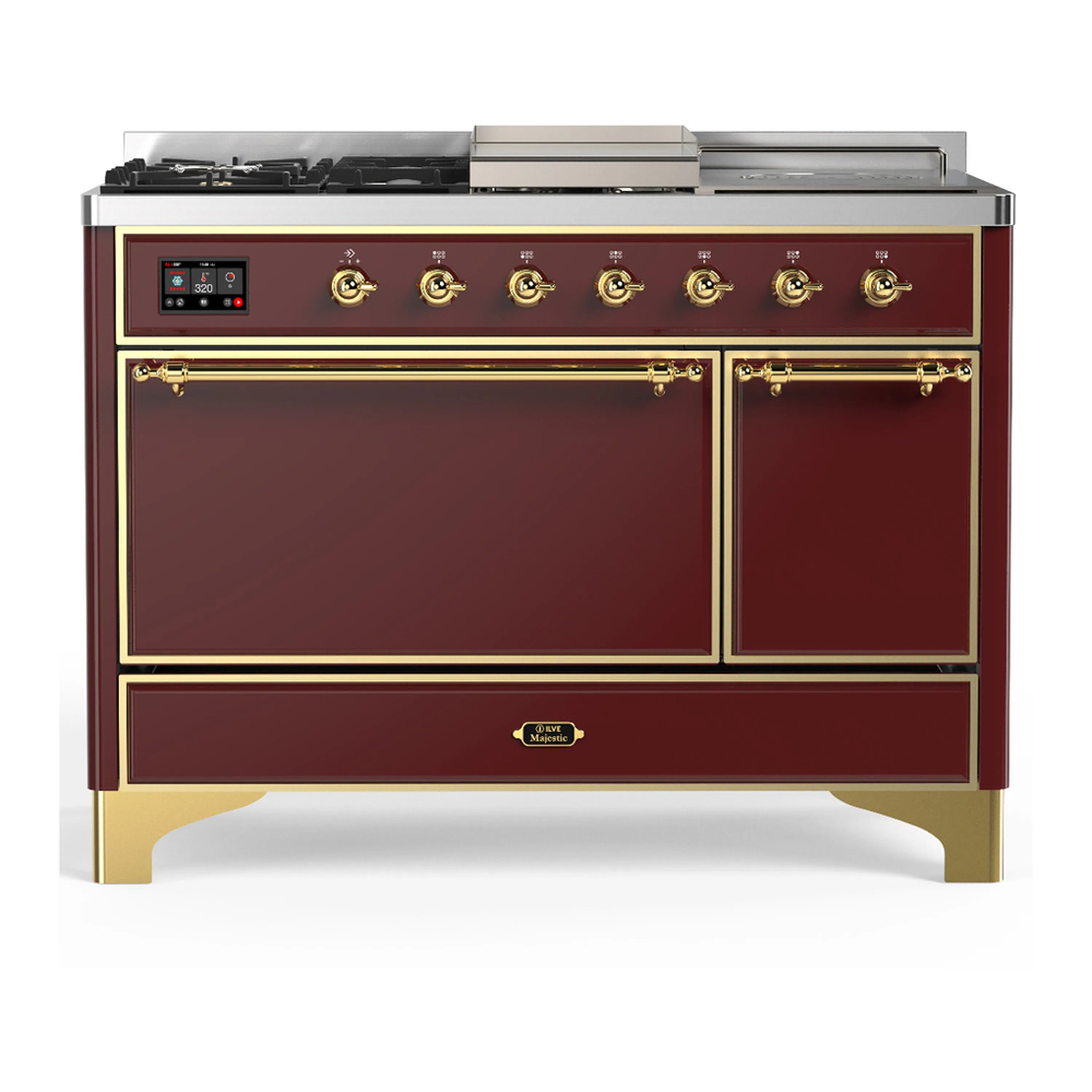 Burgundy dual fuel range with brass trim, solid doors, and control panel and knobs