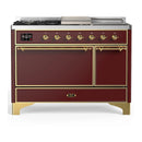 ILVE Majestic III 48-inch Dual Fuel Range with 5 Natural Gas Burner, Griddle, French Top and Solid Door Electric Oven in Burgundy with Brass Trim (UM48FSQNR3BUG)