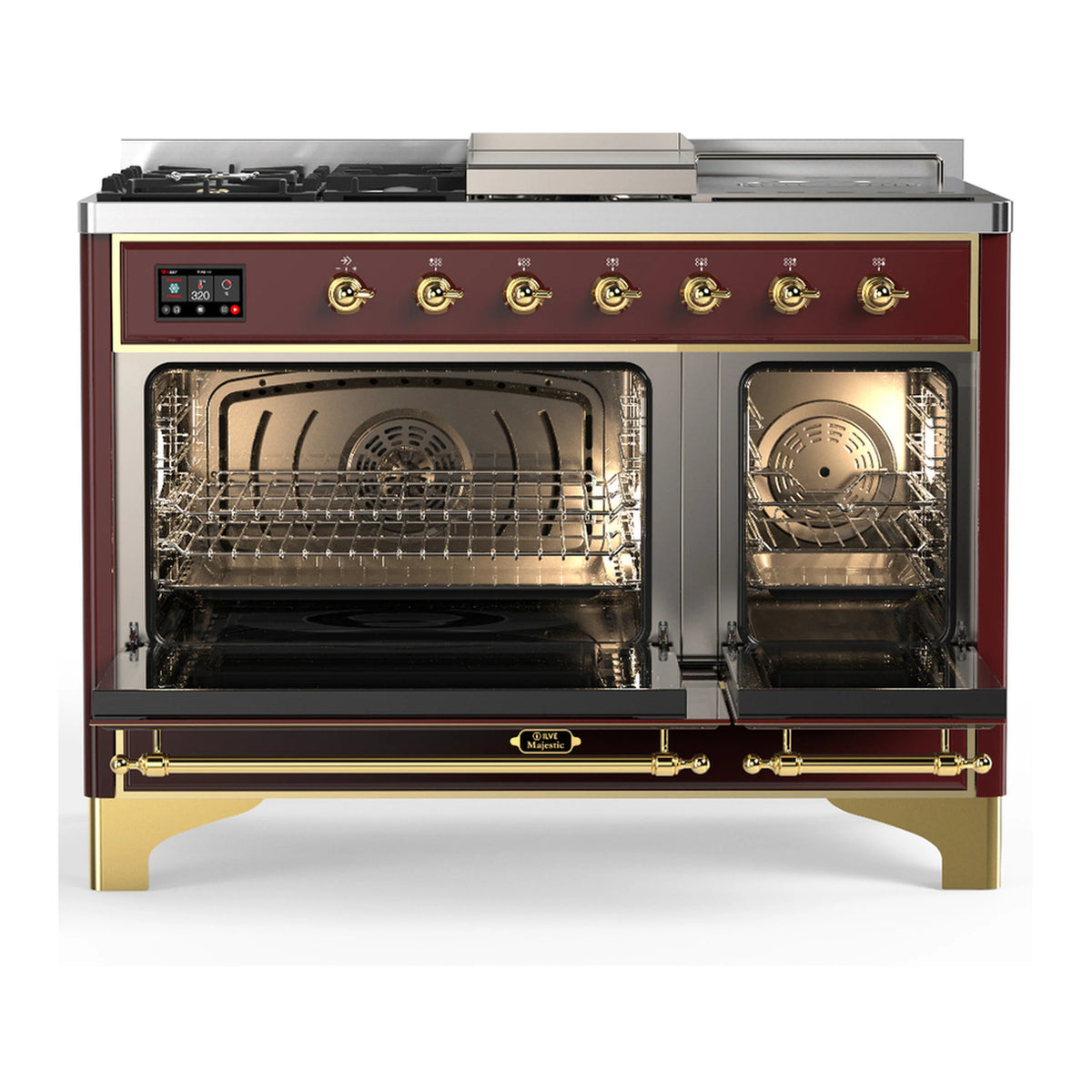 Burgundy dual fuel range with open oven doors, brass handles, and visible racks inside
