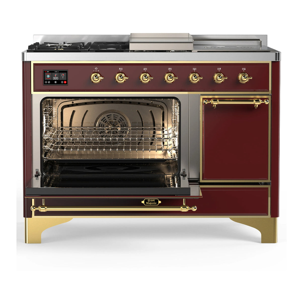 Burgundy dual fuel range with open oven door and griddle-style top access, brass trim