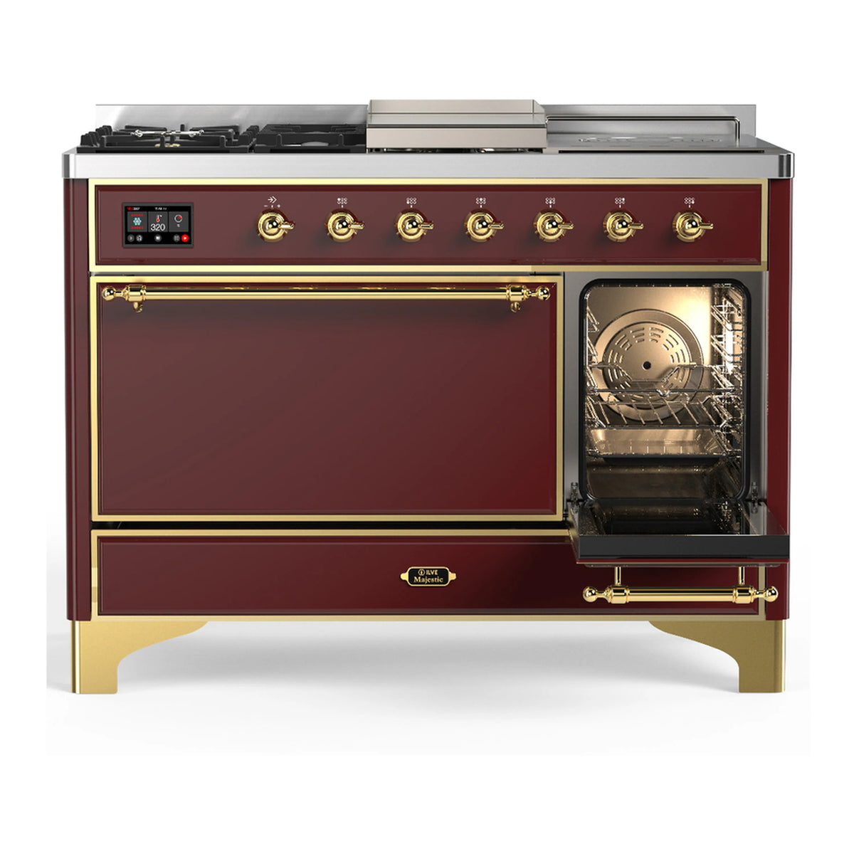 Burgundy dual fuel range with one open oven door, brass trim, and front control panel