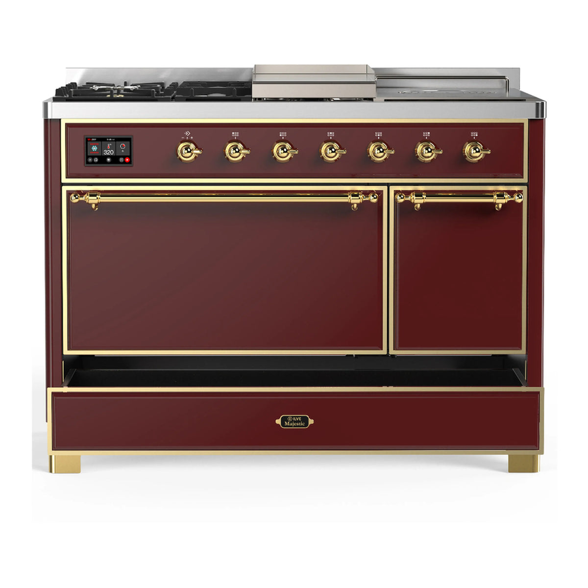 Burgundy dual fuel range with open lower drawer area, brass trim, and front cabinet doors