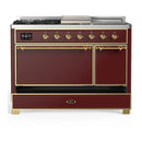 ILVE Majestic III 48-inch Dual Fuel Range with 5 Natural Gas Burner, Griddle, French Top and Solid Door Electric Oven in Burgundy with Brass Trim (UM48FSQNR3BUG)