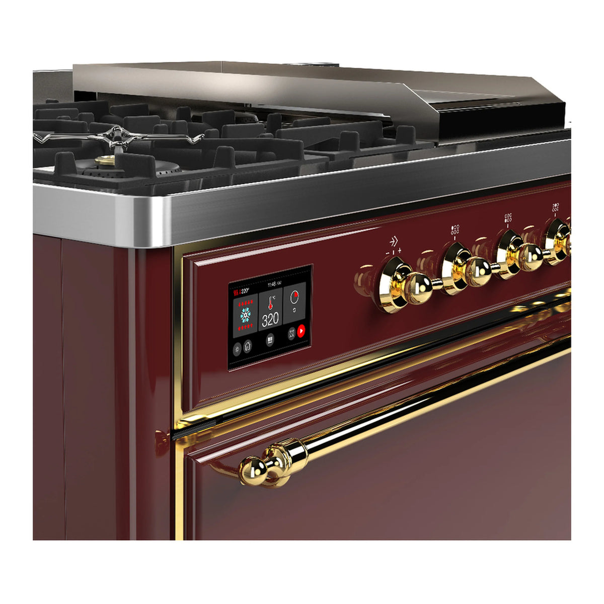 Burgundy dual fuel range control panel with digital display and brass knobs and trim