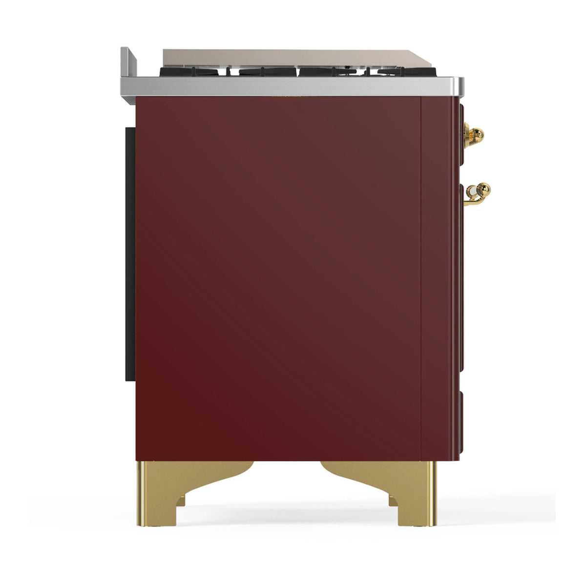 Burgundy side of dual fuel range with stainless cooktop edge and brass base feet